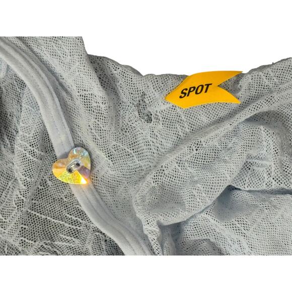 Poster Girl Trophy Sheer Lace Jumpsuit Thong Feather Cuffs Set Sexy Blue Size L - Picture 6 of 6